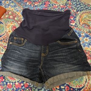 Indigo Blue Dark Denim Maternity Shorts -Small